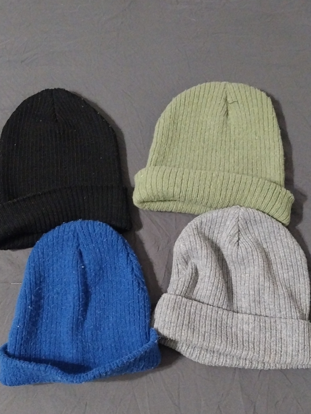 Set of 4 Ribbed Knit Beanies - Black, Olive Green, Royal Blue, Light Gray